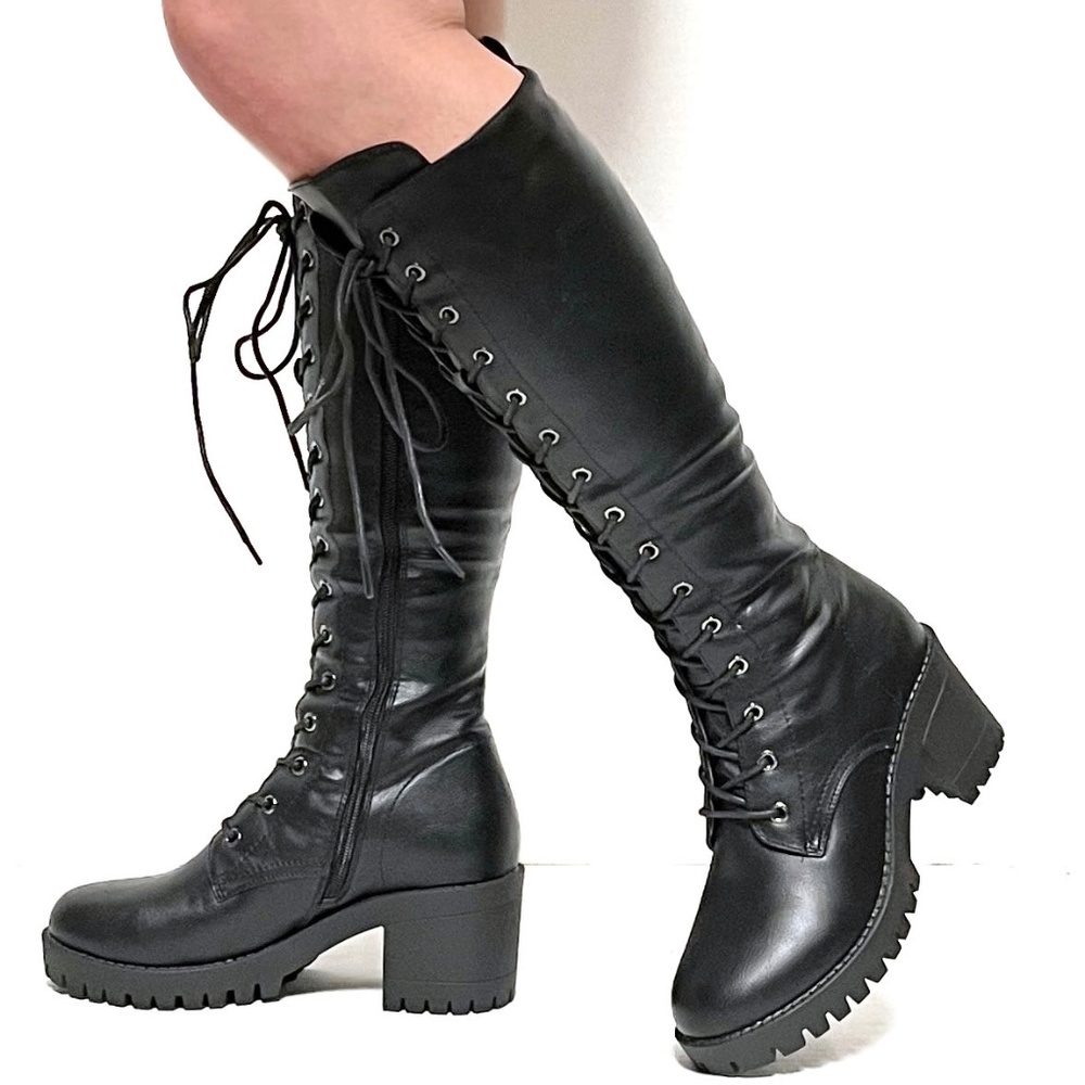 New Black Knee High Platform Combat Lace Up Heel Boots